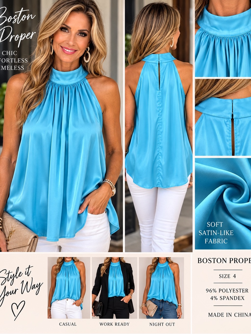Boston Proper Turquoise Satin Halter Top Size 4 NWOT
